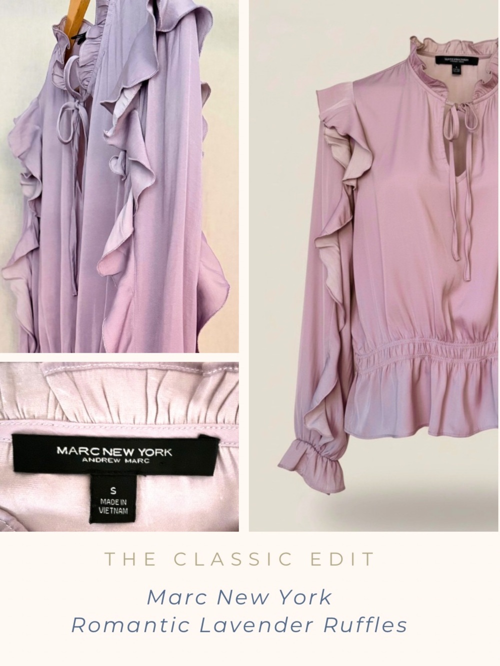 Marc New York Lavender Ruffle Blouse | Peplum Tie Neck | Romantic Top